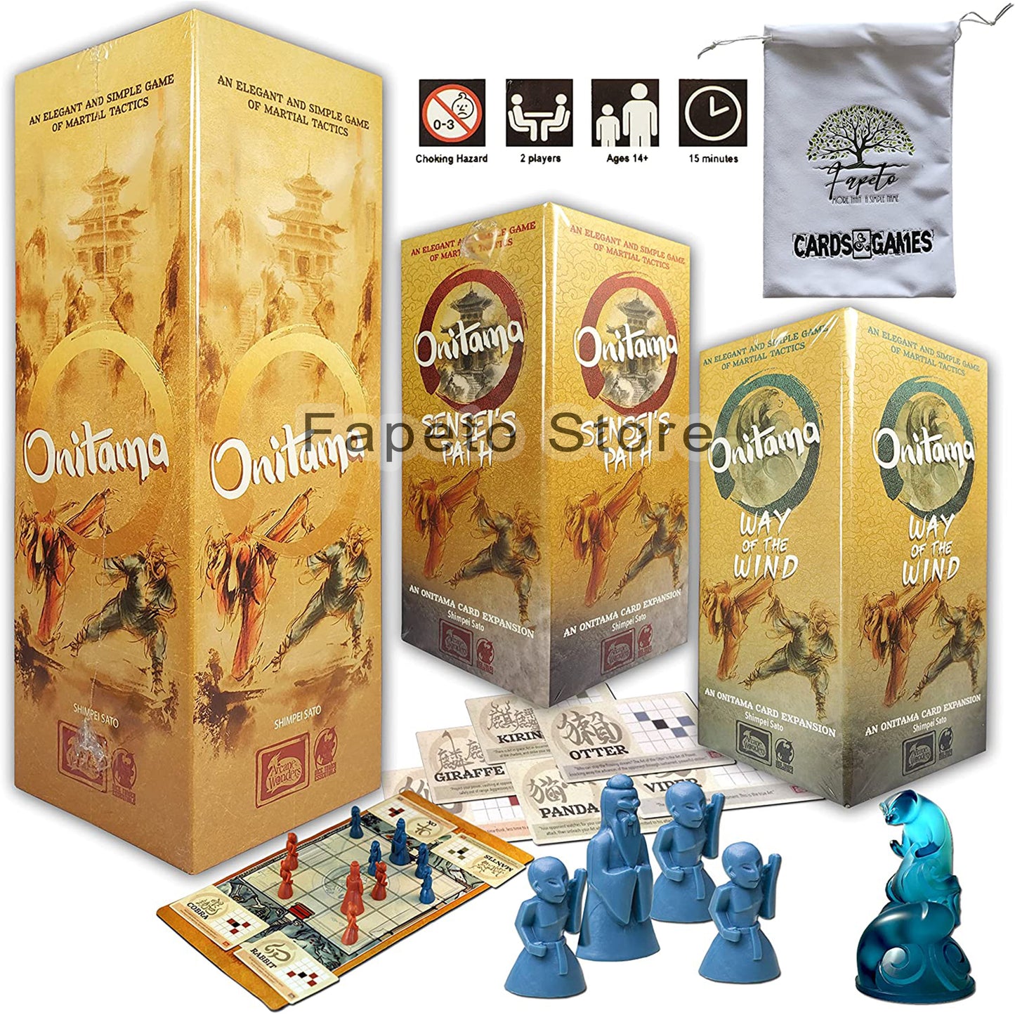 Martial Tactics Game Board Game |ONITAMA| Base Bundle with Expansions: Sensei's Path, Way of Wind and Random Color Drawstring Bag