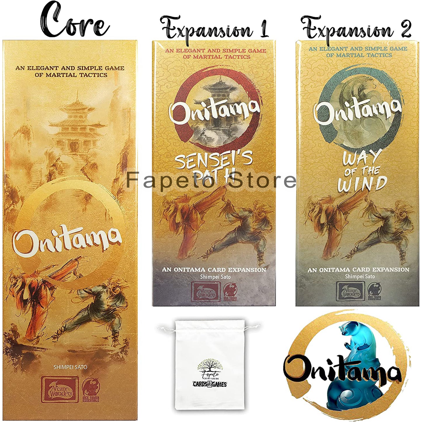 Martial Tactics Game Board Game |ONITAMA| Base Bundle with Expansions: Sensei's Path, Way of Wind and Random Color Drawstring Bag