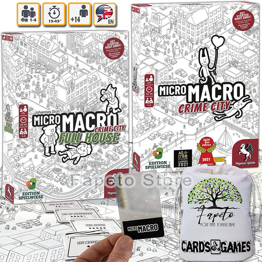 Detective Cooperative Board Game Crime City and Crime City Full House Bundle with Random Color Drawstring Bag Plus Random Color Marker Tokens Pack Compatible with MicroMacro Crime City Games