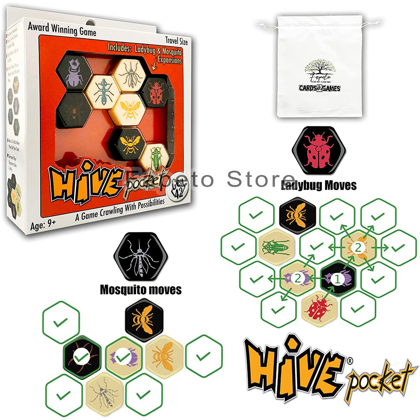 Hive Pocket Version Board Games with Rich in Learning Opportunities Bundle Random Color Drawstring Bag