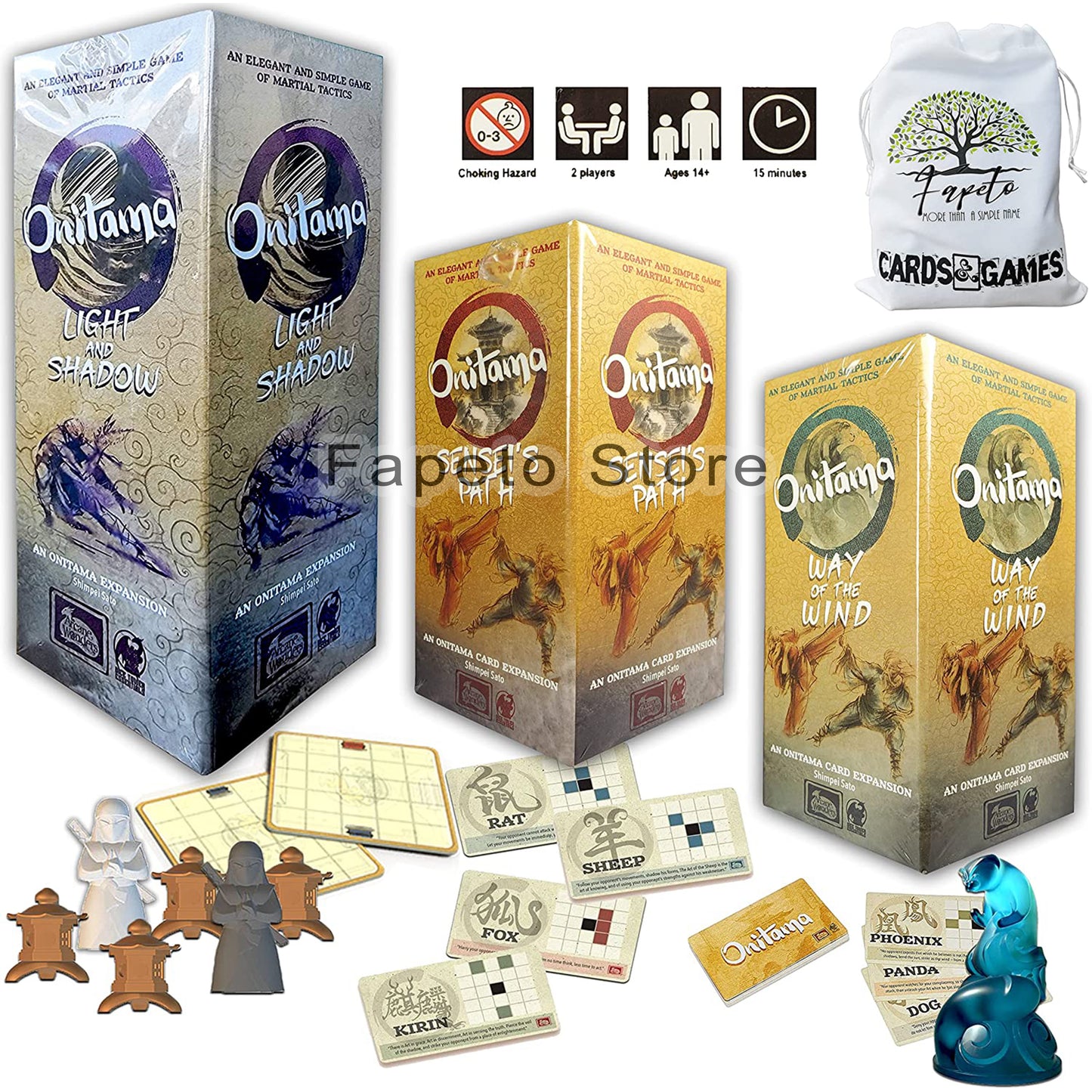 Martial Tactics ONLY Expansion (Light and Shadow, Sensei's Path and Way of The Wind) for ONITAMA Game Board Bundle with Random Color Drawstring Bag