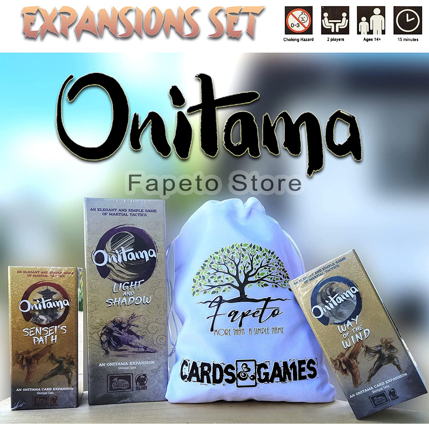 Martial Tactics ONLY Expansion (Light and Shadow, Sensei's Path and Way of The Wind) for ONITAMA Game Board Bundle with Random Color Drawstring Bag