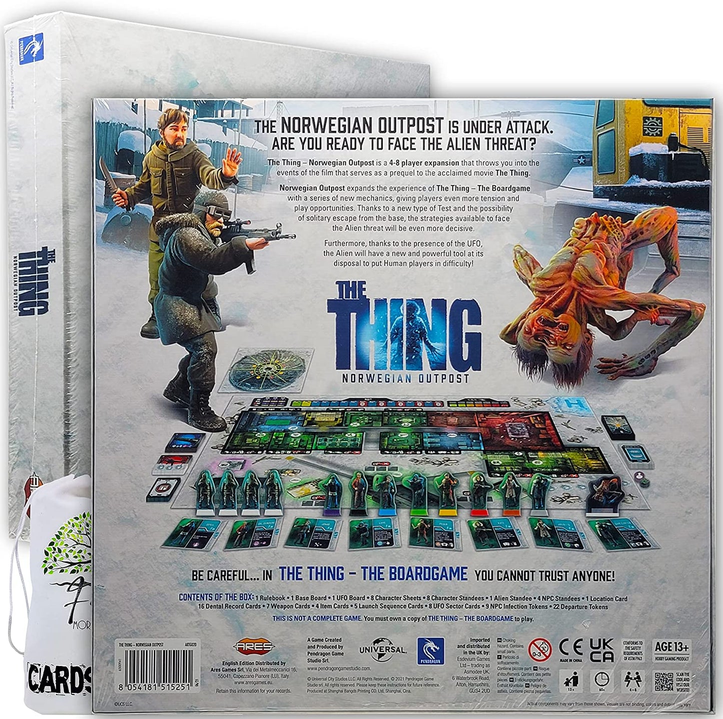 The Thing: The Board game Base Plus The Norwegian Outpost EXPANSION and Human Miniatures Set Bundle With Random Color Drawstring Bag