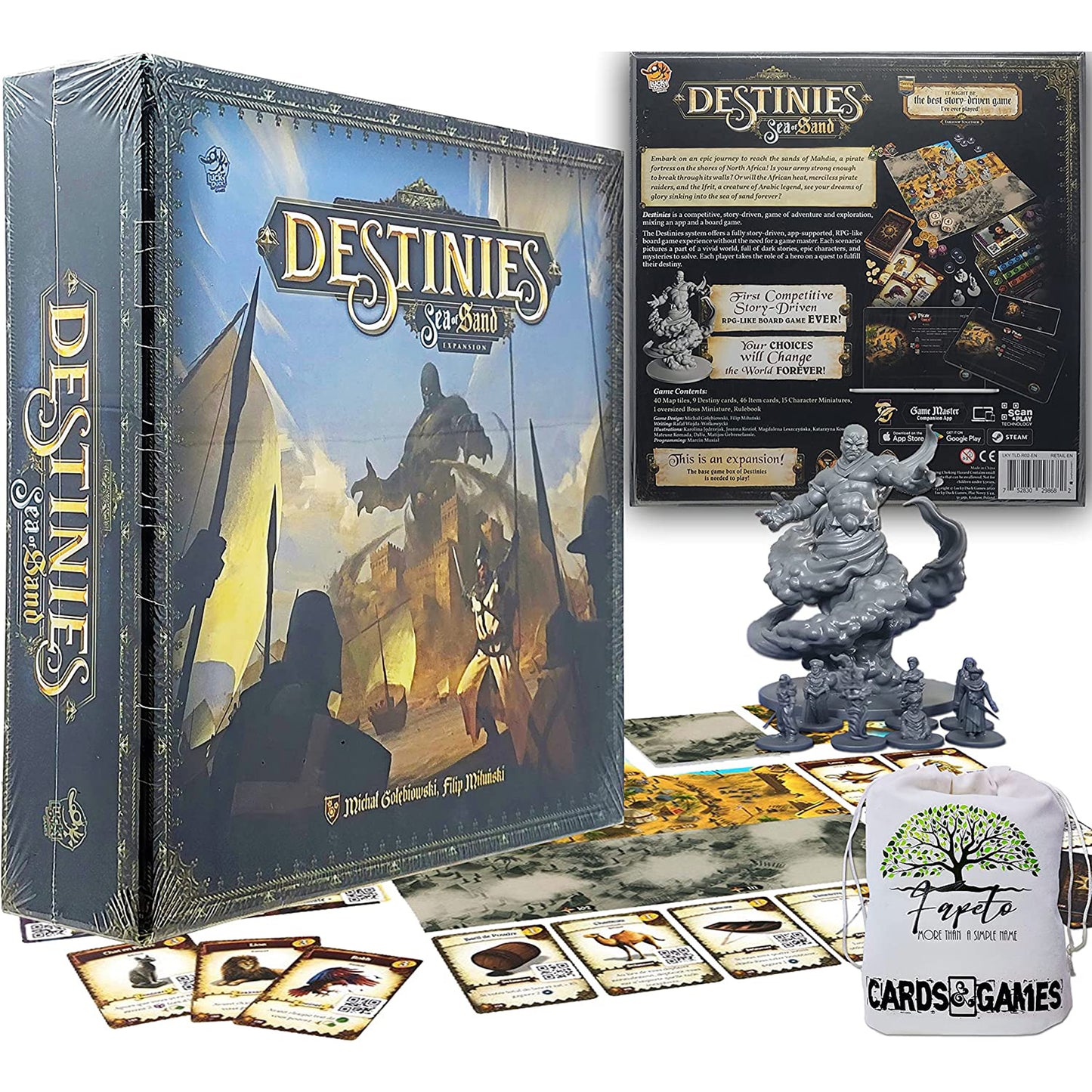 Medieval and Fantasy Board Game Destinies (Base/Core) and The Expansion: SEA of Sand Bundle with Random Color Drawstring Bag