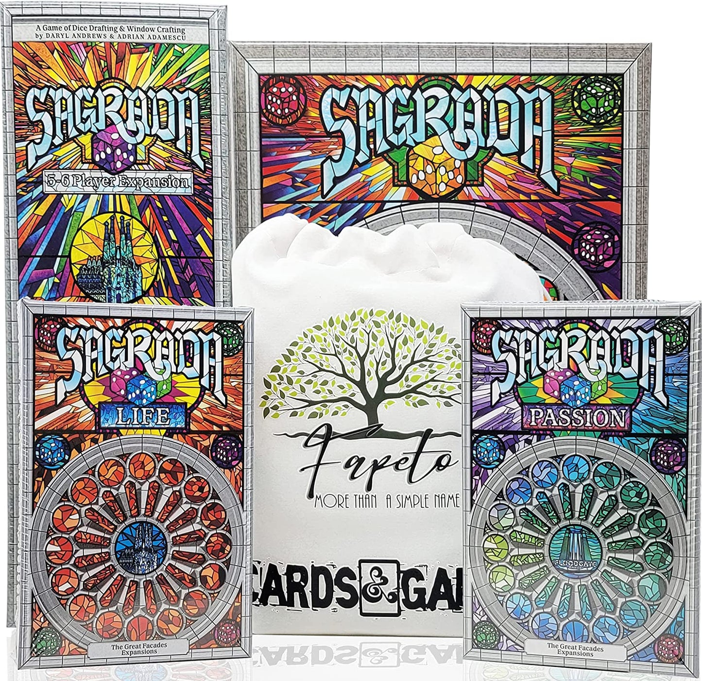 Sagrada Board Game Base & The EXPANSIONS Life, 5-6 Players & Passion COMPATIBLES with Sagrada Bundle with Random Color Drawstring Bag