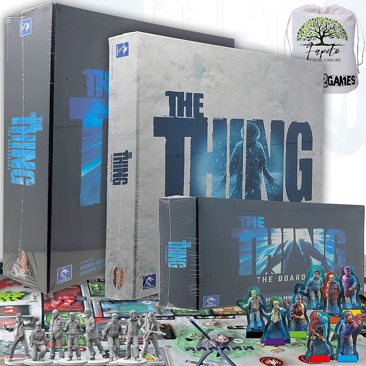 The Thing: The Board game Base Plus The Norwegian Outpost EXPANSION and Human Miniatures Set Bundle With Random Color Drawstring Bag