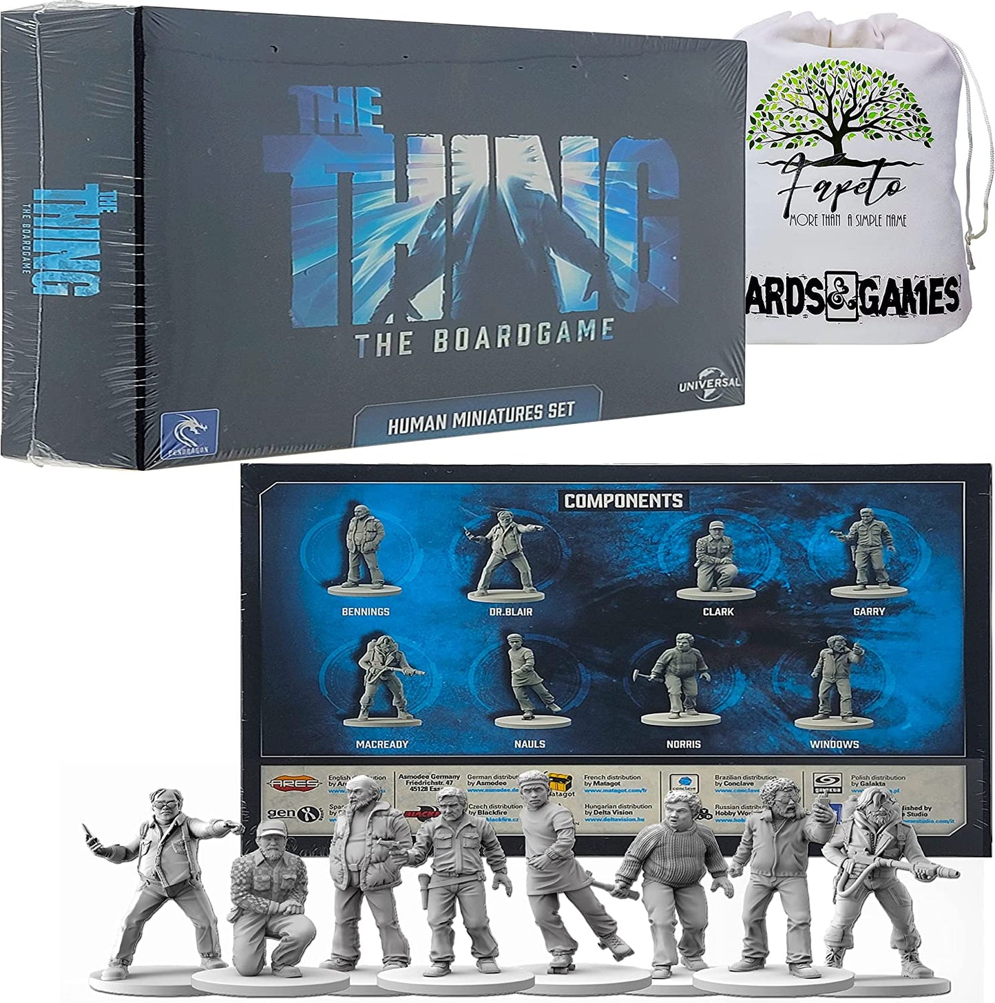 The Thing: The Board game Base Plus The Norwegian Outpost EXPANSION and Human Miniatures Set Bundle With Random Color Drawstring Bag