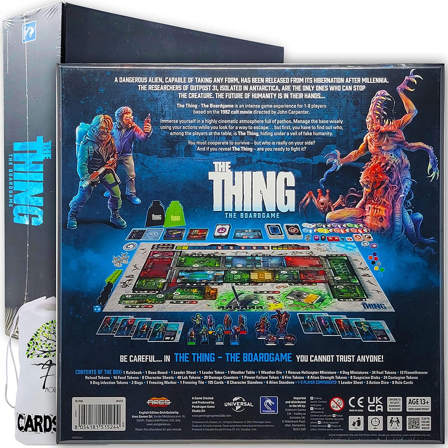 The Thing: The Board game Base Plus The Norwegian Outpost EXPANSION and Human Miniatures Set Bundle With Random Color Drawstring Bag