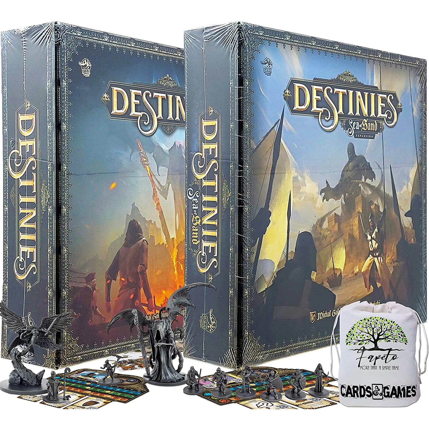 Medieval and Fantasy Board Game Destinies (Base/Core) and The Expansion: SEA of Sand Bundle with Random Color Drawstring Bag