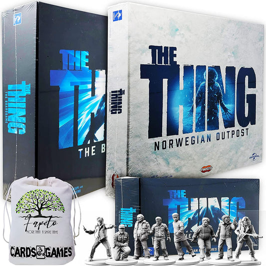 The Thing: The Board game Base Plus The Norwegian Outpost EXPANSION and Human Miniatures Set Bundle With Random Color Drawstring Bag