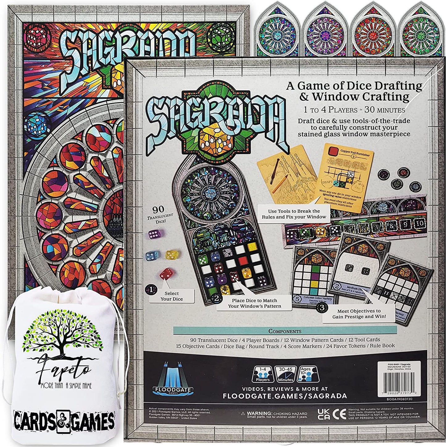 Sagrada Board Game Base & The EXPANSIONS Life, 5-6 Players & Passion COMPATIBLES with Sagrada Bundle with Random Color Drawstring Bag