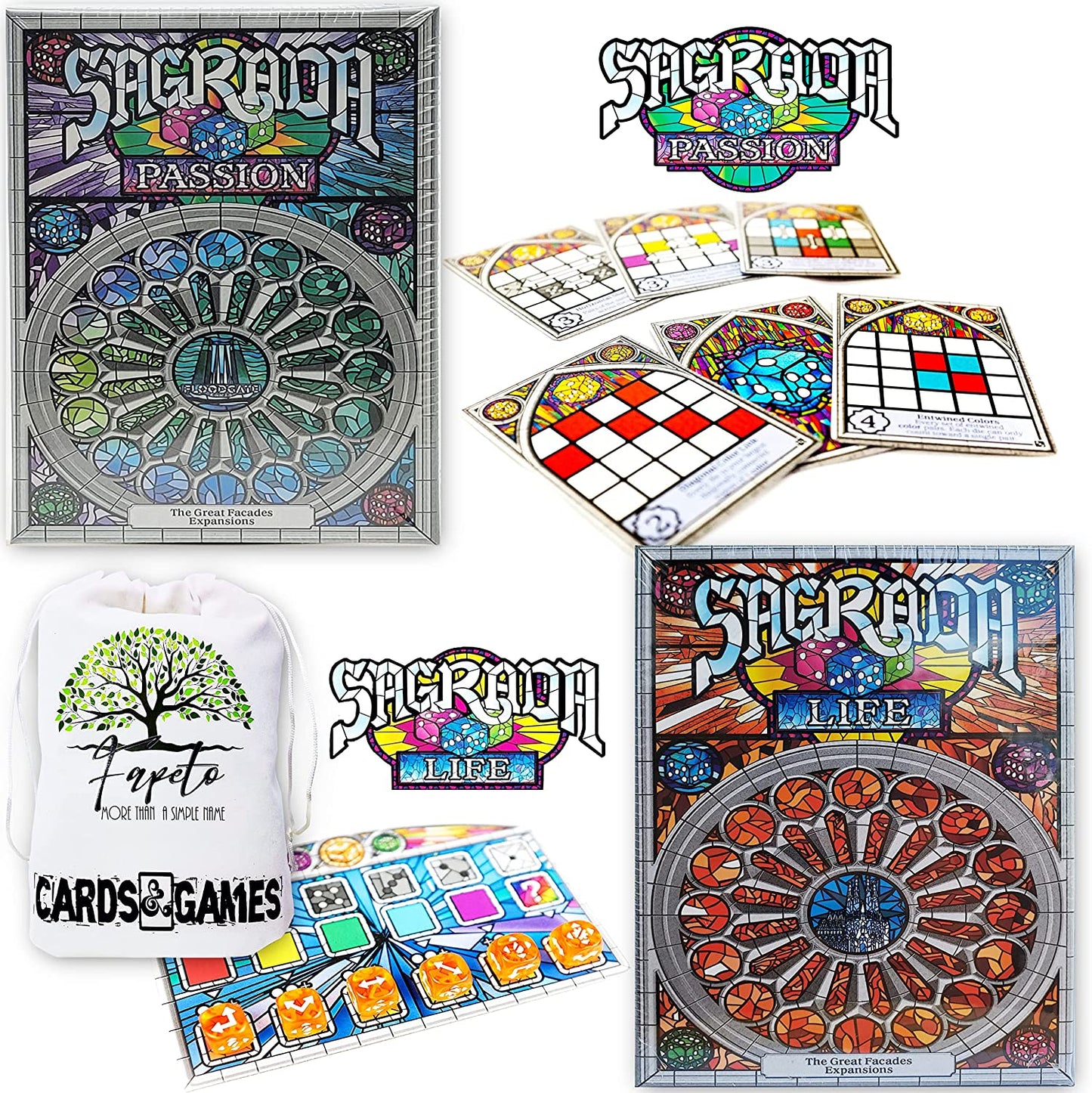 Sagrada Board Game Base & The EXPANSIONS Life, 5-6 Players & Passion COMPATIBLES with Sagrada Bundle with Random Color Drawstring Bag