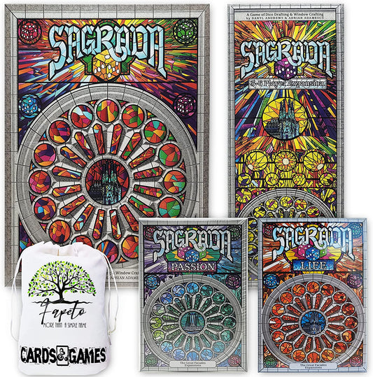 Sagrada Board Game Base & The EXPANSIONS Life, 5-6 Players & Passion COMPATIBLES with Sagrada Bundle with Random Color Drawstring Bag