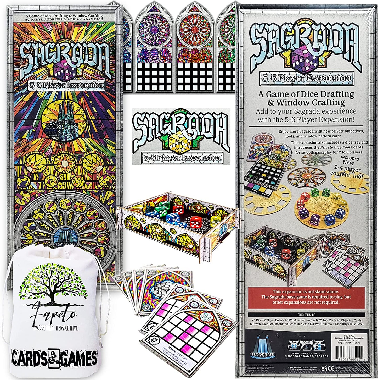 Sagrada Board Game Base & The EXPANSIONS Life, 5-6 Players & Passion COMPATIBLES with Sagrada Bundle with Random Color Drawstring Bag