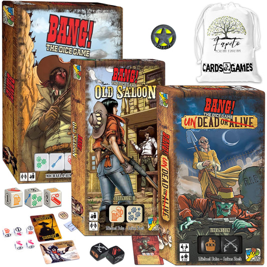 Great Set Of BANG The Dice Game (Core – Base) and the EXPANSIONS: Old Saloon & Undead or Alive Bundle With Random Color Drawstring Bag Plus 1inch Sheriff Token