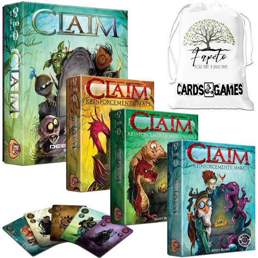 Take the Throne with Claim Card Game (Base-Core) and the Reinforcements Expansions: Maps,  Magic & Mercenaries Bundle With Random Color Drawstring Bag