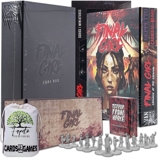 Solo-Horror Game Final Girl Core Box including: Carnage at the Carnival, Terror From Above Vignette (EXPANSION COMPATIBLES), Game Mat, Miniatures Series1 and Random Color Drawstring Bag
