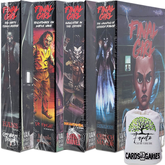 Horror Game Final Girl ONLY EXPANSIONS: Happy Trails, Haunting of Creech Manor, Slaughter in the Groves, Frightmare on Maple Lane (COMPATIBLE w/ Final Girl Box) bundle with Random Color Drawstring Bag