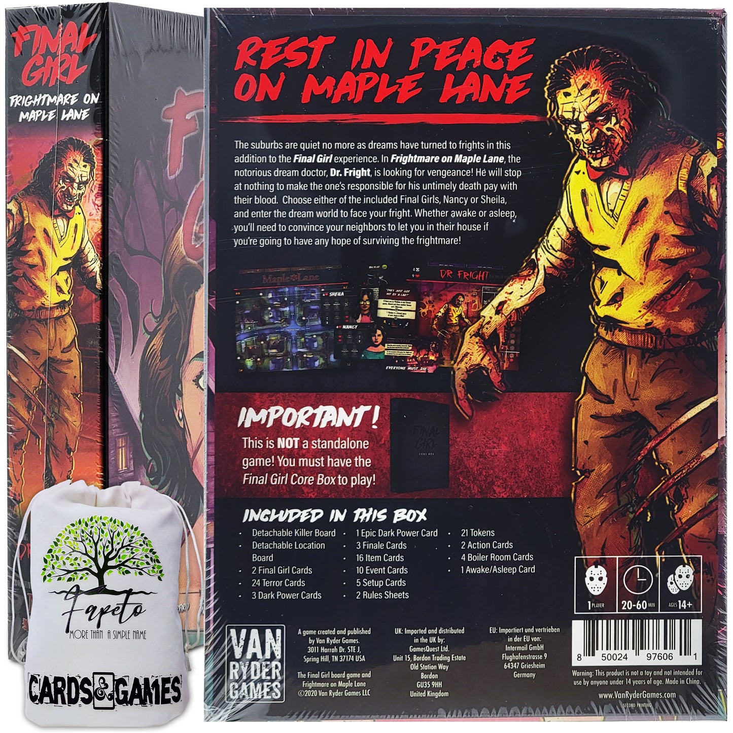 Horror Game Final Girl ONLY EXPANSIONS: Happy Trails, Haunting of Creech Manor, Slaughter in the Groves, Frightmare on Maple Lane (COMPATIBLE w/ Final Girl Box) bundle with Random Color Drawstring Bag