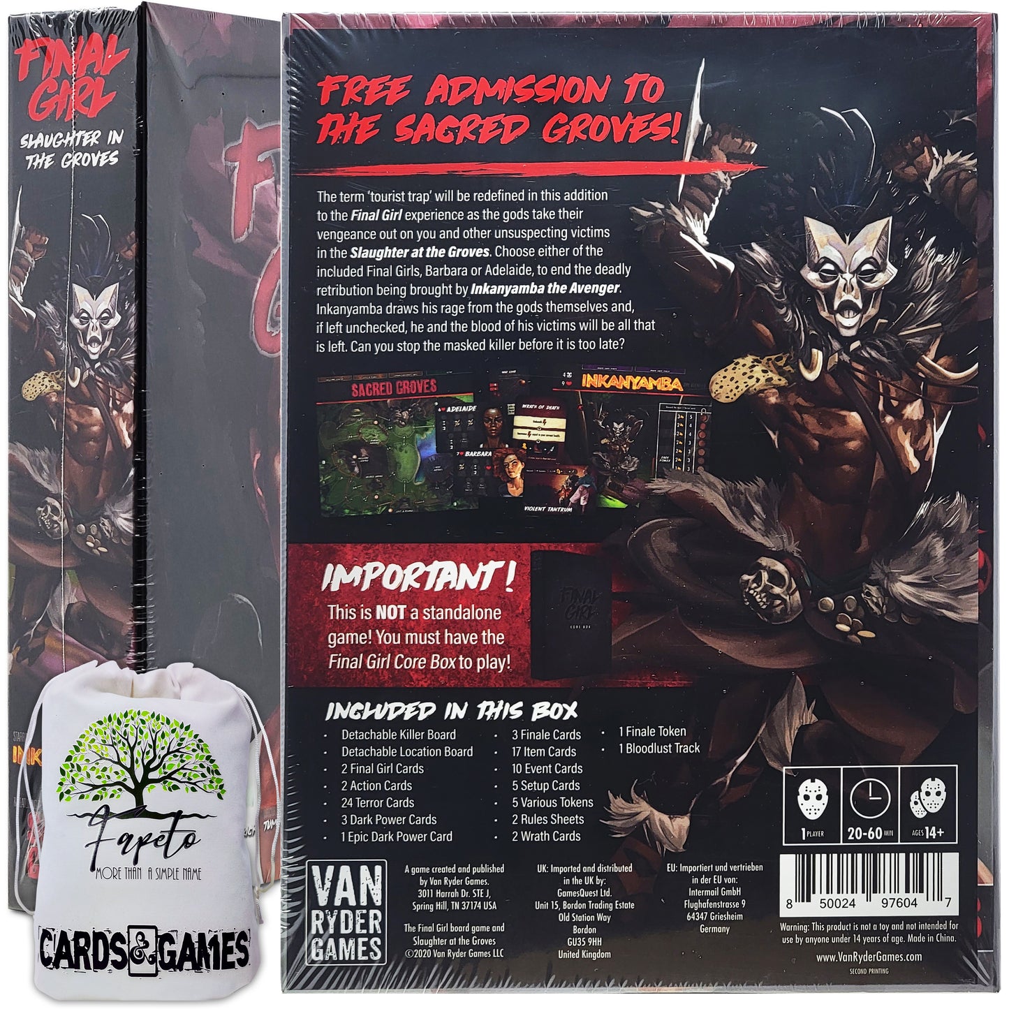 Horror Game Final Girl ONLY EXPANSIONS: Happy Trails, Haunting of Creech Manor, Slaughter in the Groves, Frightmare on Maple Lane (COMPATIBLE w/ Final Girl Box) bundle with Random Color Drawstring Bag