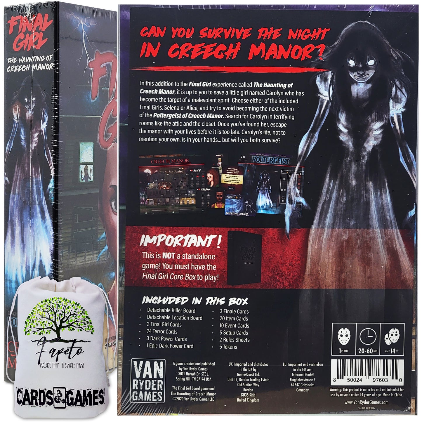 Horror Game Final Girl ONLY EXPANSIONS: Happy Trails, Haunting of Creech Manor, Slaughter in the Groves, Frightmare on Maple Lane (COMPATIBLE w/ Final Girl Box) bundle with Random Color Drawstring Bag