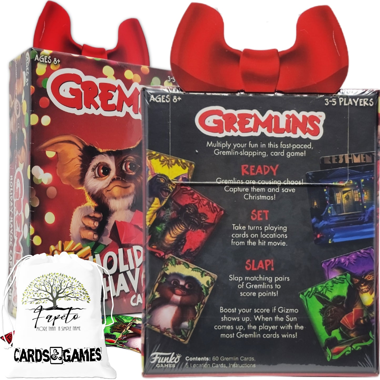 Family fast card game Gremlins - Holiday Havoc and Boo Hollow - Pumpkin Showdown with Random Color Drawstring Bag for party, travels and holidays