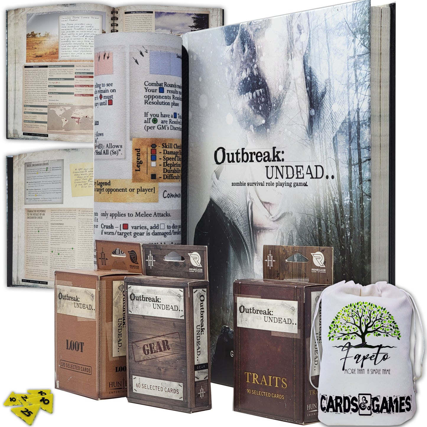 Zombie Survival Simulation Outbreak Undead 2nd Edition RPG Hardcover Book Bundle With Loot, Gear and Traits Decks, Random Color Drawstring Bag and COMPATIBLE  Survivor`s  and Gamemaster`s Tokens