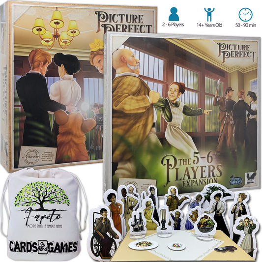 Picture Perfect Board Game Core/Base and The Expansions: 5 - 6 Players, Bundle With Random Color Drawstring Bag