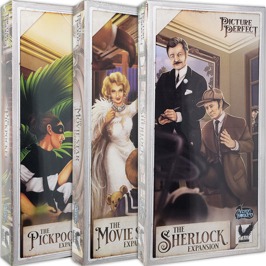 Picture Perfect Board Game ONLY EXPANSIONS: Movie Star, The Pickpocket and The Sherlock Bundle With Random Color Drawstring Bag