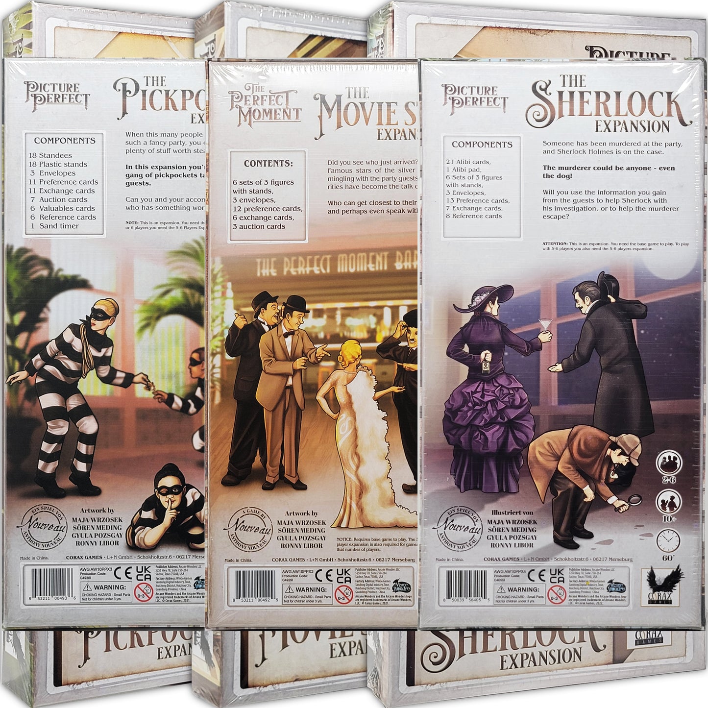 Picture Perfect Board Game ONLY EXPANSIONS: Movie Star, The Pickpocket and The Sherlock Bundle With Random Color Drawstring Bag