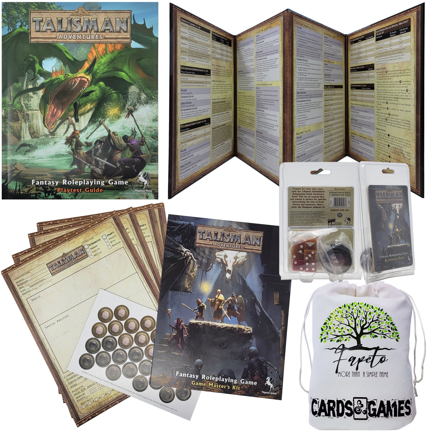 Fantasy Roleplaying Game Talisman Adventure Playtest Guide,  Game Master Kit and Accessory Pack With Random Color Drawstring Bag