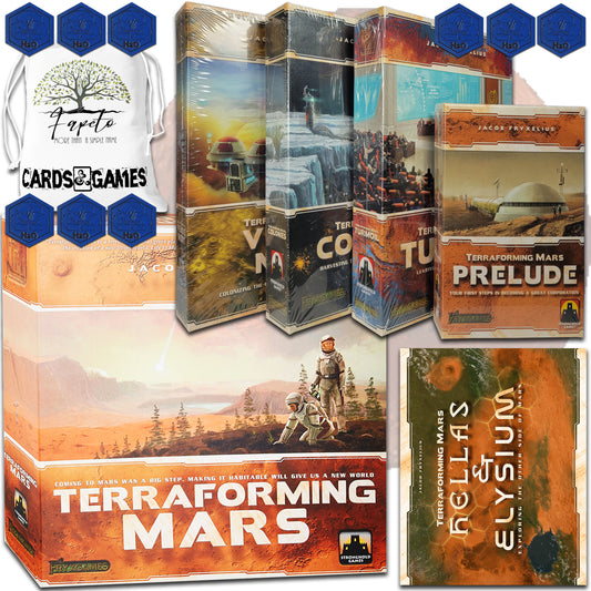 Great Set of Terraforming Mars Strategy Board Game (Base-Core) and The EXPANSIONS: Turmoil, Colonies, Prelude, Hellas & Elysium, Venus Next Bundle With Random Color Drawstring Bag Plus Water Tokens