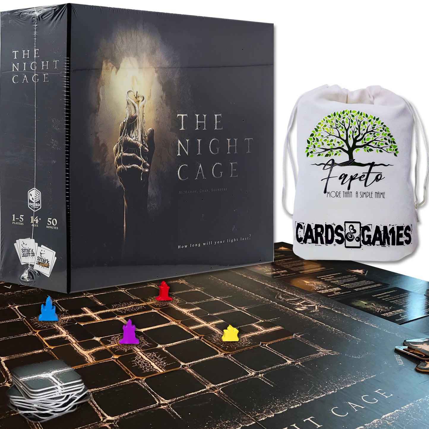 Fully cooperative tile-placement board game The Night Cage Bundle With Random Color Drawstring Bag