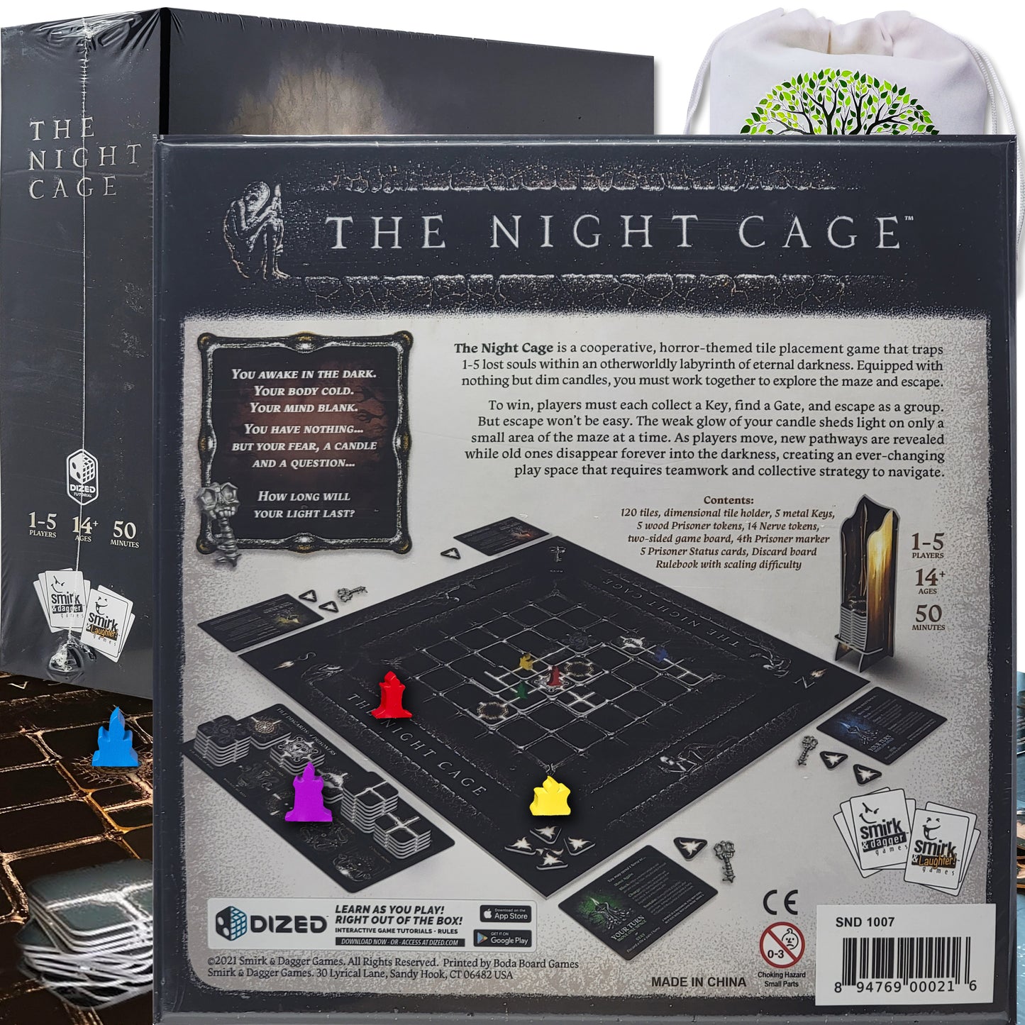 Fully cooperative tile-placement board game The Night Cage Bundle With Random Color Drawstring Bag