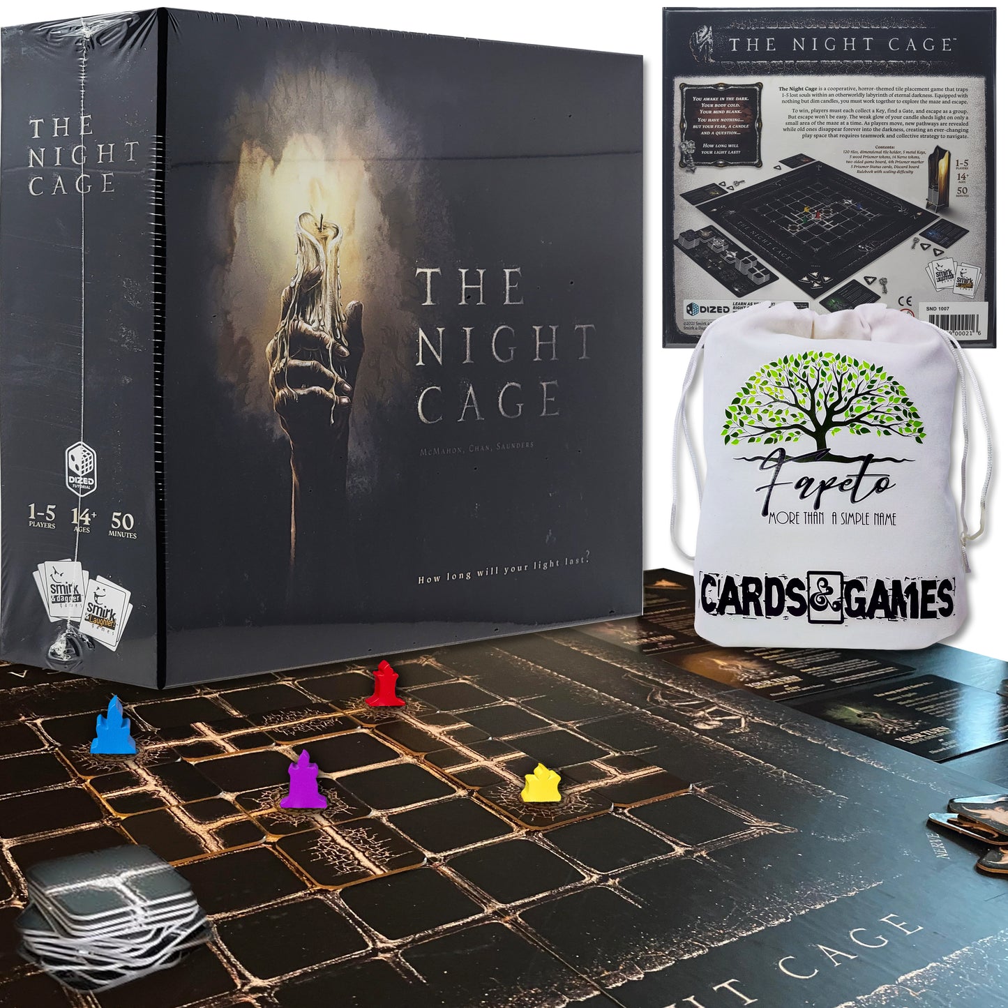 Fully cooperative tile-placement board game The Night Cage Bundle With Random Color Drawstring Bag