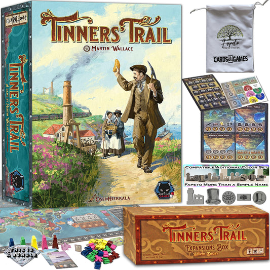 Tin Miners Of the 19th Century in Cornwall Board Game BASE and the EXPANSIONS: Emigration & Arsenic Market Bundle With Random Color Drawstring Bag Plus 13 COMPATIBLES Wood Tokens Upgraded and Painted