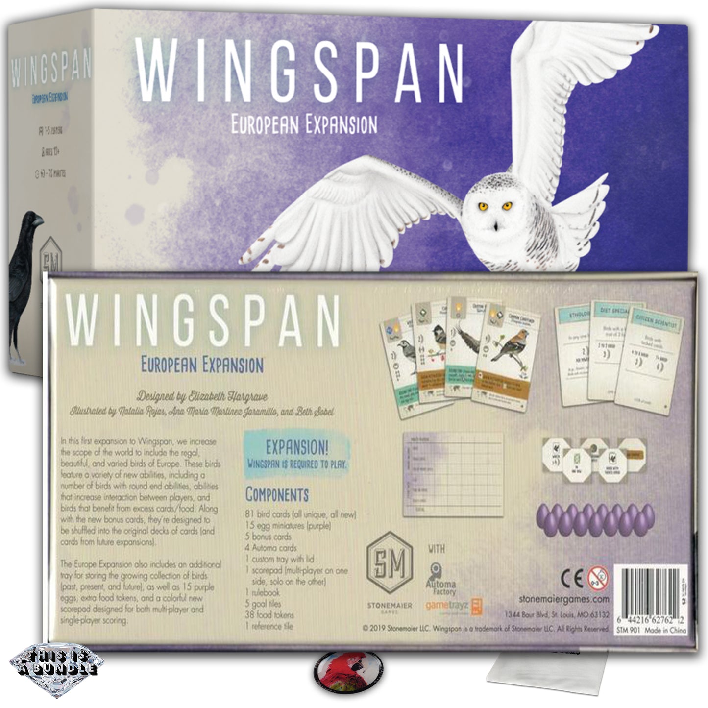 Birds collection for bird collectors WINGSPAN Core-Base Board Game and the Expansions: Oceania & European|Bird Fanatics or Bird Lovers| Bundle With Random Color Drawstring Bag Plus 1inch Token