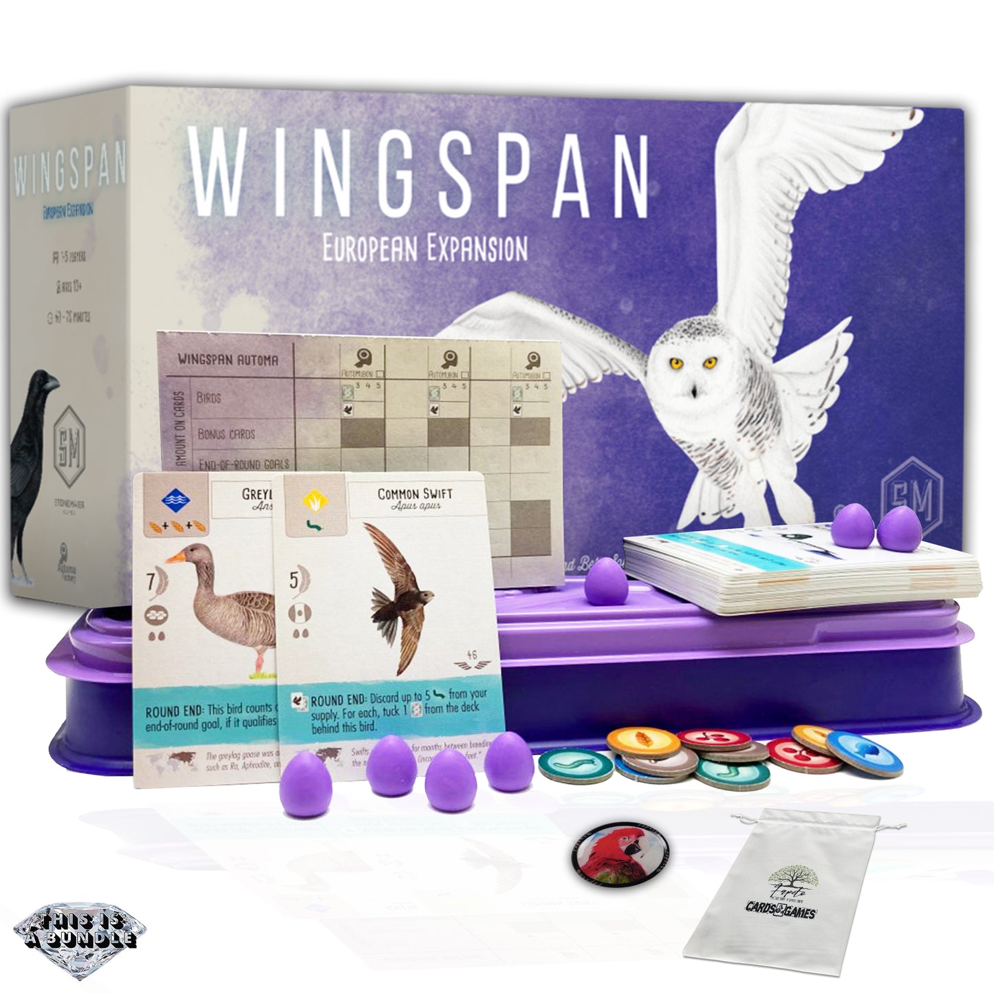 Birds collection for bird collectors WINGSPAN Core-Base Board Game and the Expansions: Oceania & European|Bird Fanatics or Bird Lovers| Bundle With Random Color Drawstring Bag Plus 1inch Token