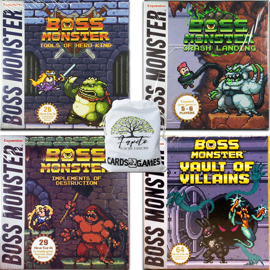 Pack Of Boss Monster -Only Expansions- (Tools of Hero-Kind, Crash Landing, Implements of Destruction & Vault of Villains) Bundle With Random Color Drawstring Bag