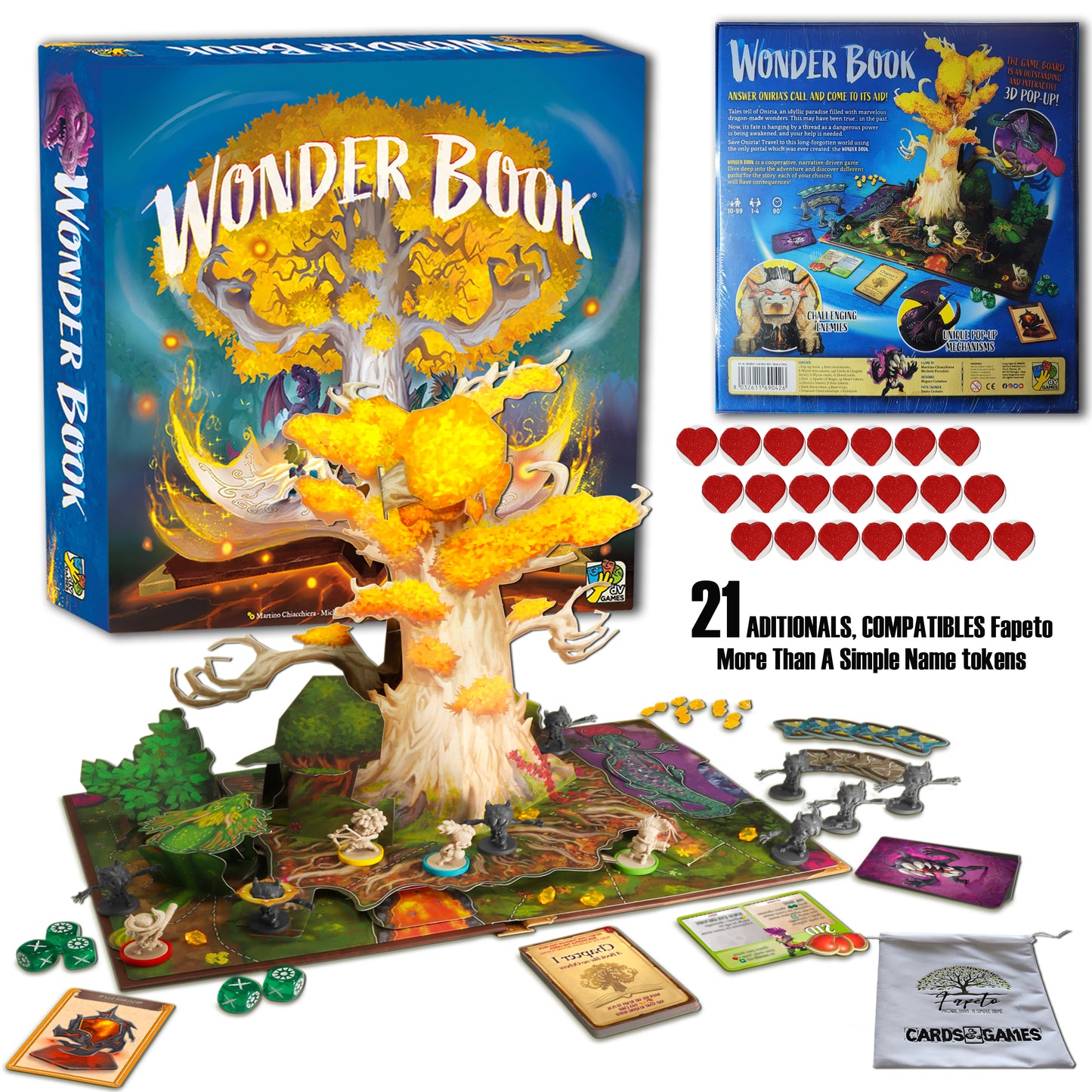 Cooperative Campaing StoryBook of The world of Oniria Board Game Bundle With Random Color Drawstring Bag Plus 21 Hearts COMPATIBLES Upgraded Tokens